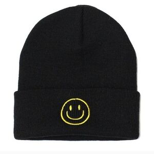 Black Beanie with Yellow Smiley Face